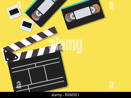 Filmklappe und Videokassetten auf gelben Hintergrund. Vector Illustration Stock Vektor