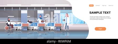 Arabische Ärzte Team besuchen behinderte arabische Patienten im Rollstuhl sitzen Bett intensive Therapie Station healthcare Konzept Klinik liegenden Zimmer Stock Vektor