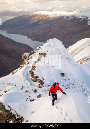 Mann im roten Mantel, mit Eispickel Wandern/Klettern im Winter auf Schnee bedeckten Berg in Schottland. Model Release - garbh Bheinn, Loch Leven Highlands Stockfoto