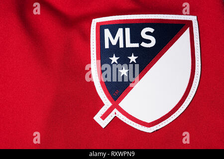 Nahaufnahme von MLS Abzeichen auf NYRB Jersey. Stockfoto