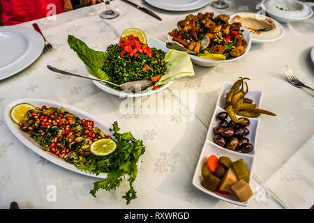 Libanesische köstliche Küche Vorspeisen Vorspeisen auf dem Tisch mit Besteck