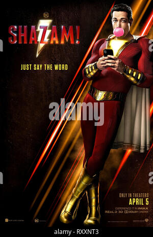 Shazam! (2019) Regie: David F. Sandberg und Hauptdarsteller Zachary Levi, Djimon Hounsou und Mark Strong. Stockfoto