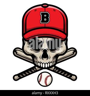 Totenkopf mit gekreuzten Baseballschläger und trug eine Kappe Logo Badge Stock Vektor