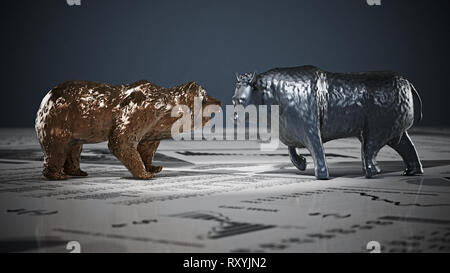 Bär und Bulle zahlen zu Wirtschaft Zeitung Seiten. 3D-Darstellung. Stockfoto