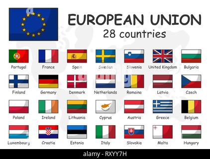 Die Europäische Union und die Mitgliedschaft Flagge. Verband der 28 Länder. Moderne, einfache cartoon Grobentwurf und doodle Weltkarte Hintergrund. Stock Vektor