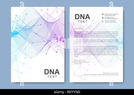 Wissenschaftliche vektor Vorlagen für Broschüre, Abdeckung, Banner, Flyer, Jahresbericht, Faltblatt. Abstrakte Komposition mit Molekülstruktur, Punkte, Linien Stock Vektor