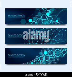Abstrakte Moleküle Banner mit Linien, Punkte, Kreise, Polygone. Vektor Design Netzwerk kommunikation Hintergrund. Futuristische digitale Wissenschaft Stock Vektor