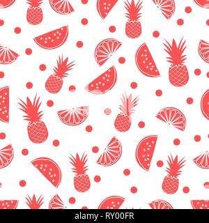 Nahtlose Muster mit Ananas, Orange Scheiben, Wassermelone. Tropische Früchte. Sommer Hintergrund. Stock Vektor