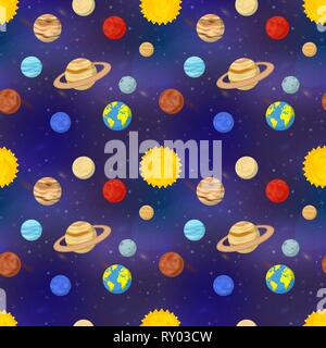 Eine Menge helle cartoon Planeten des Sonnensystems auf Deep Space Hintergrund, nahtlose Muster Stock Vektor