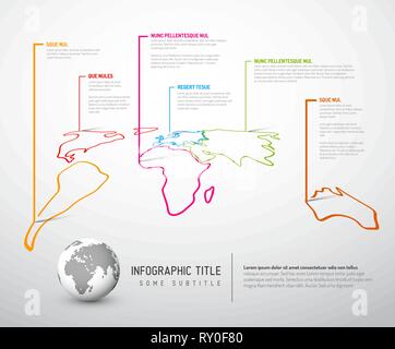 Licht Welt dünne Linie Karte Infografik Vorlage mit Zeiger markiert Stock Vektor
