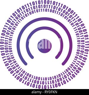 Digital Null und eine Zahl oder binären Codes um WLAN Symbol im Kreis Form, verbreitet das digitale Signal auf, das Konzept. Vector Illustration auf weißen isoliert Stock Vektor