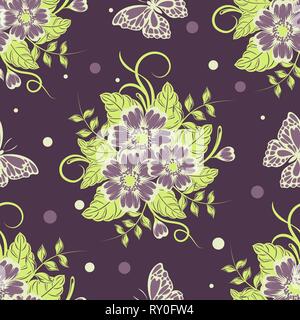 Nahtlose Muster mit schönen Blumen und Schmetterlinge. Vector Illustration Stock Vektor