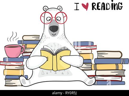 Cute white bear rot Gläser liest Buch mit Stapel Bücher Stock Vektor