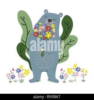 Süße blaue Bär mit Blumen im Garten Stock Vektor