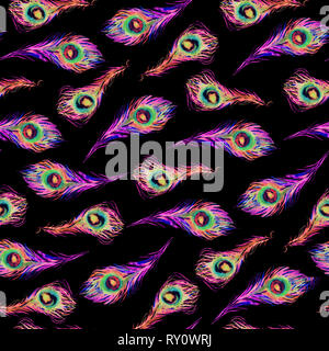 Pfauenfedern (Schwanz), nahtlose Muster, Handgemalten Aquarell Bild, schwarzer Hintergrund Stockfoto