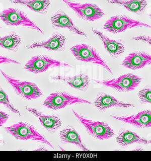 Peacock rosa Federn (Schwanz), nahtlose Muster, Handgemalten Aquarell Abbildung, weißer Hintergrund Stockfoto