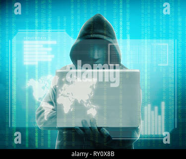 Hacker in Schwarz hoodie Holding Laptop mit seiner Hand und virtuellen Bildschirm der Server Daten, Weltkarten, Chart Bar, binären Code über grüne Hinterg Stockfoto