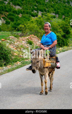 Frau auf Esel, Prespa Nationalpark, Albanien Stockfoto