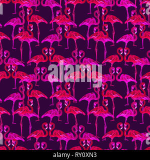 Rosa Flamingos, nahtlose Muster, handbemalte watercolor Illustration, dunkelblauen Hintergrund Stockfoto