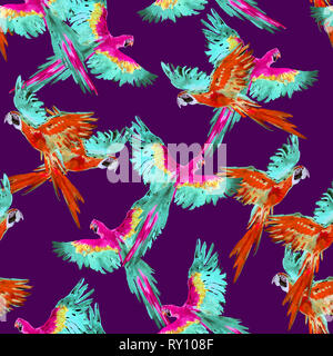 Blau und Gelb und hellrote Ara fliegen, nahtlose Muster, handbemalte watercolor Illustration, lila Hintergrund Stockfoto