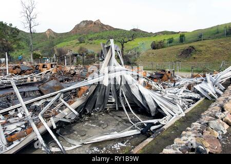 Agoura Hills, Kalifornien, USA. 11 Mär, 2019. Die Seminole Federn Mobile Home Park, wo fast 100 Häuser einige Vor vier Monaten während der woolsey Feuer zerstört wurden. Credit: Brian Cahn/ZUMA Draht/Alamy leben Nachrichten Stockfoto