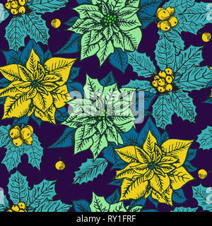 Gelbe und blaue farben Weihnachtsstern und Holly, Hand gezeichnet doodle Skizze Farbe Abbildung, nahtlose Muster auf dunkelblauem Hintergrund Stockfoto