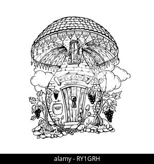 Mushroom Haus Hand gezeichnet Vector Illustration. Fairy Zusammensetzung Umrisse zeichnen. Kinder Kugelschreiber Skizze. Schwarze und weiße fairytale doodle Clipart. Malbuch, lineare Design Element isoliert Stock Vektor