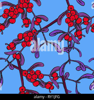 Vogelbeere Zweige mit Beeren, Hand gezeichnet doodle Skizze Farbe Abbildung, nahtlose Muster auf blauem Hintergrund Stockfoto