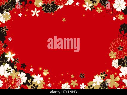 Gold und schwarze horizontale Sakura Rahmen oder Vektor Banner. Papier Schneiden oder Laser geschnitten Hell Roter Hintergrund mit Sakura Blumen und Sterne. Vektor Japanischen oder Chinesischen Abbildung Stock Vektor