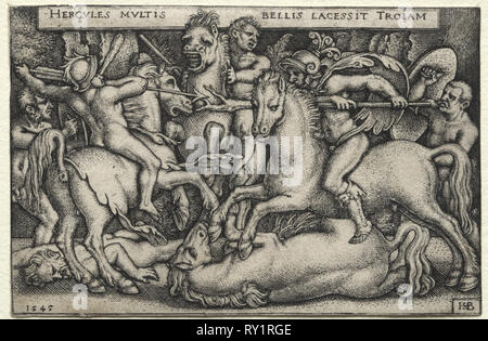 Die Arbeiten des Herkules: Herkules erobern Troy, 1545. Hans Sebald Beham (1500-1550). Gravur Stockfoto