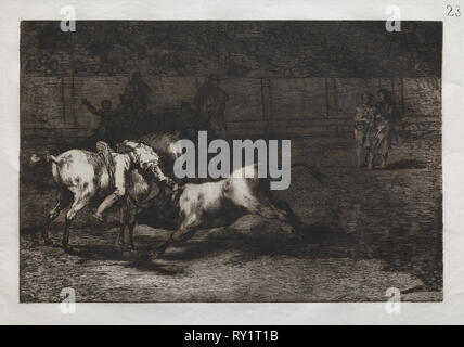 Stierkämpfe: Mariano Fernandez, alias die Indischen, tötet den Bullen von seinem Pferd, 1876. Francisco de Goya (Spanisch, 1746-1828). Gravur Stockfoto