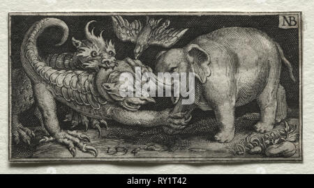 Kampf gegen die Chimären und Szenen zu Aesops Fabeln: Elefanten kämpfen zwei Tiere, 1594. Nicolaes de Bruyn (Niederländischen, 1571-1656), A. van Londerseel. Gravur; Blatt: 3 x 5,7 cm (1 3/16 x 2 1/4 in Stockfoto