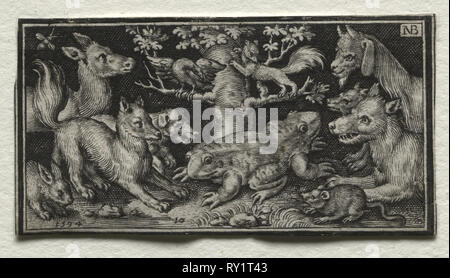 Kampf gegen die Chimären und Szenen zu Aesops Fabeln: Zwei-köpfige Frosch durch Tiere, 1594 umgeben. Nicolaes de Bruyn (Niederländischen, 1571-1656), A. van Londerseel. Gravur; Blatt: 3 x 5,8 cm (1 3/16 x 2 5/16 Zoll Stockfoto