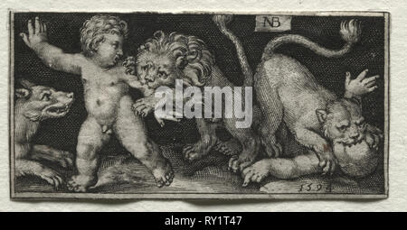 Kampf gegen die Chimären und Szenen zu Aesops Fabeln: Löwen gegen Kinder, 1594. Nicolaes de Bruyn (Niederländischen, 1571-1656), A. van Londerseel. Gravur; Blatt: 2,8 x 5,7 cm (1 1/8 x 2 1/4 in Stockfoto