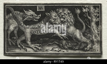 Kampf gegen die Chimären und Szenen zu Aesops Fabeln: Löwen kämpfen zwei Tiere, 1594. Nicolaes de Bruyn (Niederländischen, 1571-1656), A. van Londerseel. Gravur; Blatt: 3,1 x 5,8 cm (1 1/4 x 2 5/16 Zoll Stockfoto