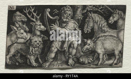 Kampf gegen die Chimären und Szenen zu Aesops Fabeln: Orpheus Charming den Tieren, 1594. Nicolaes de Bruyn (Niederländischen, 1571-1656), A. van Londerseel. Gravur; Blatt: 3,4 x 6,2 cm (1 5/16 x 2 7/16 Stockfoto