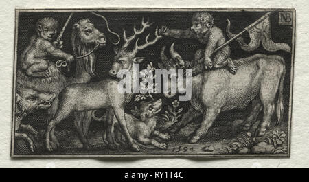 Kampf gegen die Chimären und Szenen zu Aesops Fabeln: Affen auf einem Kamel reiten und ein Stier, 1594. Nicolaes de Bruyn (Niederländischen, 1571-1656), A. van Londerseel. Gravur; Blatt: 3,1 x 5,7 cm (1 1/4 x 2 1/4 in Stockfoto