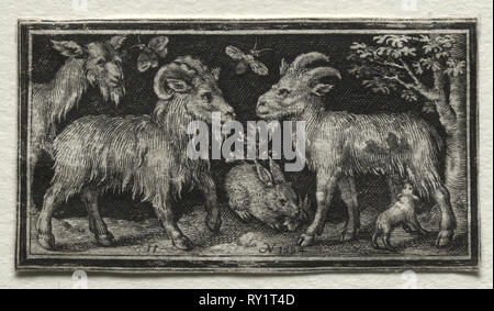 Kampf gegen die Chimären und Szenen zu Aesops Fabeln: Ziegen und Hasen, 1594. Nicolaes de Bruyn (Niederländischen, 1571-1656), A. van Londerseel. Gravur; Blatt: 3,1 x 5,7 cm (1 1/4 x 2 1/4 in Stockfoto