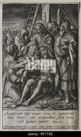 Die Leidenschaft: Abscheidung von Kreuz. Hieronymus Wierix (Flämisch, 1553-1619). Gravur Stockfoto