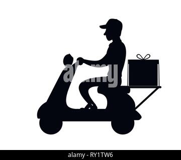 Schwarze Silhouette. Lieferung Mann auf dem Motorroller. Essen Kurier. Mann mit Baseball Cap. Flache Vector Illustration auf weißem Hintergrund. Stock Vektor