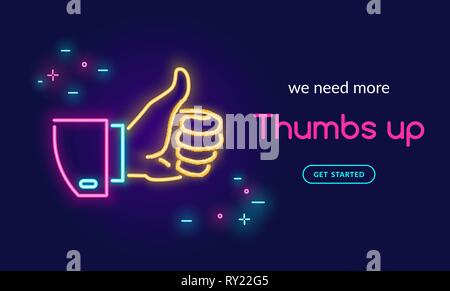 Menschliche Hand Daumen hoch, Symbol im Neonlicht Stil mit Text wir mehr Daumen oben auf dunklem lila Hintergrund benötigen. Helle Vektor neon Abbildung Licht websi Stock Vektor