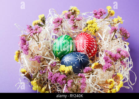 Von Hand bemalt, verschiedene Farben Ostereier im Nest und Blumen auf Violett Papier Hintergrund Stockfoto