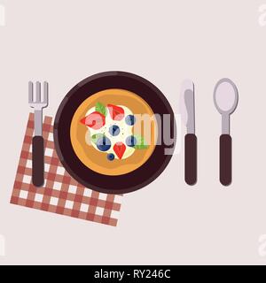 Frühstück Konzept. Pfannkuchen mit Beeren auf einem Teller mit Gabel, Messer, Löffel und Servietten. Gesundes Essen. Vector Illustration. Stock Vektor