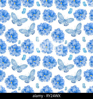 Blau Aquarell zwei Schmetterlinge und Blüten in Pastelltönen. Romantische Sommer Hintergrund. Aquarell floral Design für Kosmetik, Parfüm, Beauty Care Stockfoto