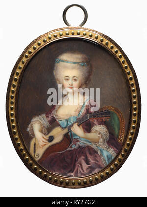 Porträt einer Frau mit Gitarre, namens Louise d'Aumont, Mazarin, Duchesse d'Aumont, Ende des 18. Jahrhunderts. Antoine Vestier (Französisch, 1740-1824). Aquarell auf Elfenbein in Gold Mount; gerahmt: 8,7 x 7,3 cm (3 7/16 x 2 7/8 in.); ohne Rahmen: 7,5 x 6,1 cm (2 15/16 x 2 3/8 Zoll Stockfoto