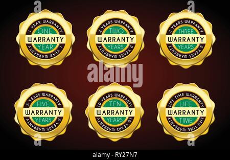 Ein Jahr bis fünf Jahre Garantie golden set Abzeichen. Garantie Metal Labels Stock Vektor
