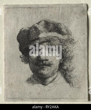 Selbstbildnis trägt ein Soft Cap: volles Gesicht, Kopf nur, C. 1634. Rembrandt van Rijn (Niederländisch, 1606-1669). Ätzen; Blatt: 5,3 x 4,7 cm (2 1/16 x 1 7/8 in.); Plattenrand: 5 x 4,4 cm (1 15/16 x 1 3/4 Zoll Stockfoto