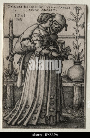 Die Dame des Todes getarnt als ein Narr, 1541. Hans Sebald Beham (1500-1550). Gravur Stockfoto