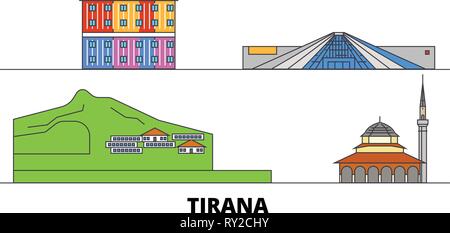 Albanien, Tirana flachbild Wahrzeichen Vector Illustration. Albanien, Tirana, die Stadt mit dem berühmten reisen Sehenswürdigkeiten, Skyline, Design. Stock Vektor