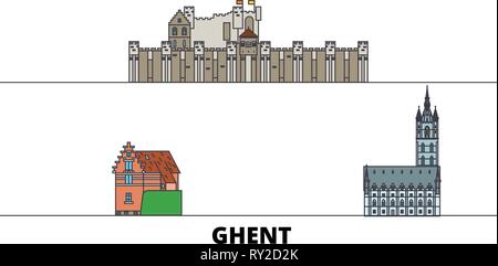 Belgien, Gent flachbild Wahrzeichen Vector Illustration. Belgien, Gent die Stadt mit dem berühmten reisen Sehenswürdigkeiten, Skyline, Design. Stock Vektor